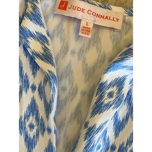 Jude Connally Womens‎ Blue White Ikat Diamond Print Sleeveless V-Neck Dress L